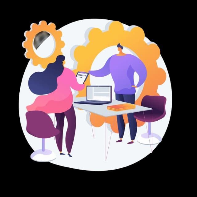 Illustration of consultants reviewing requirements and planning an Atlassian implementation, representing configuration, training, and ongoing support.