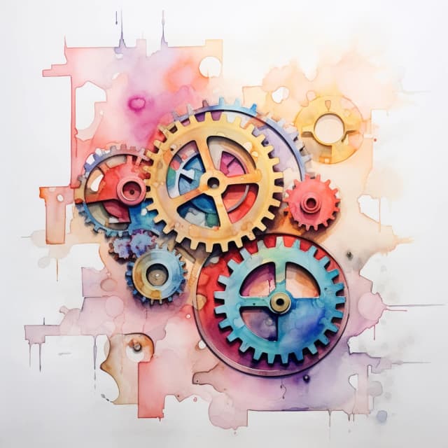 A watercolor painting of assorted gears and cogs in a blend of vibrant colors, symbolizing creativity and mechanical complexity, with paint dripping effect at the edges.