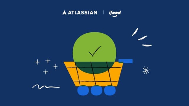 Illustration featuring the Atlassian and iFood logos with a shopping cart and checkmark symbol.