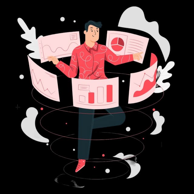 Abstract illustration of people analyzing data on a large mobile screen with graphs and charts.