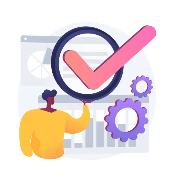 Person holding a checkmark with settings gears and a dashboard