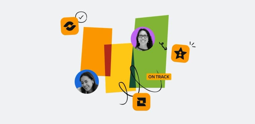 Abstract graphic with colorful geometric shapes, user profile icons, and symbols representing progress and task tracking.