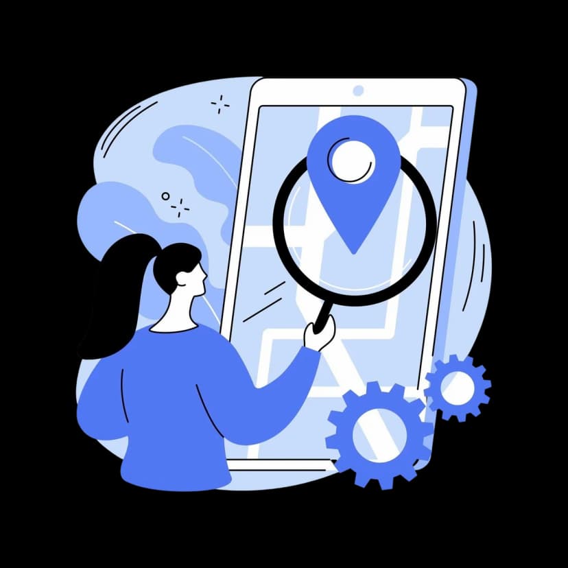 Illustration of woman using location search on mobile device with map and pin icon.