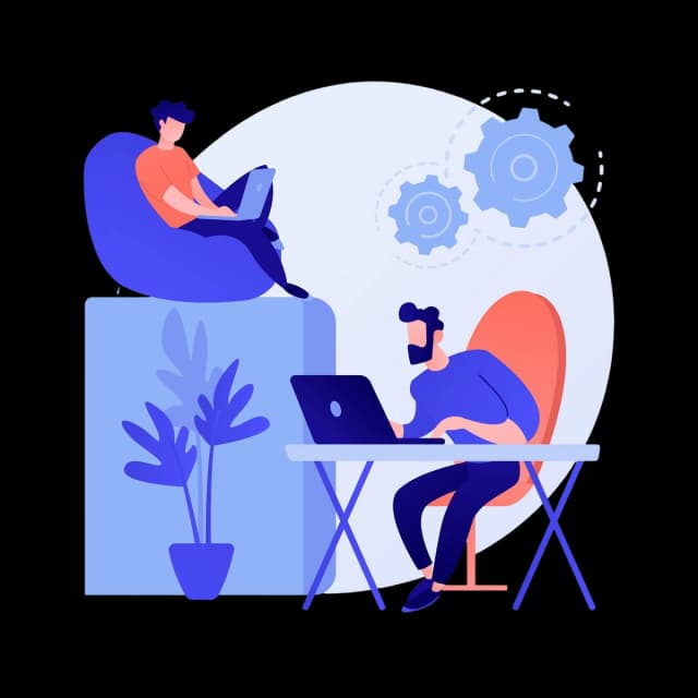 Two professionals collaborating on laptops with abstract gear icons representing productivity.