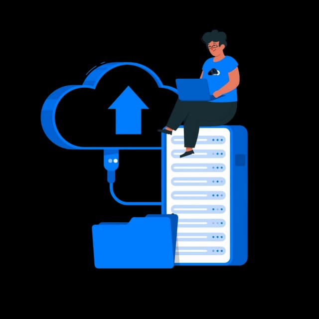 Person using laptop while sitting on server, uploading data to cloud.