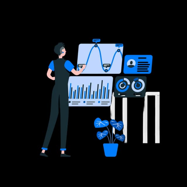 Person analyzing data on multiple digital dashboards with charts and graphs.