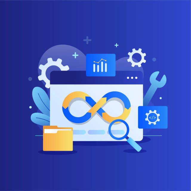 An illustration featuring DevOps and IT service management tools, symbolized by gears, a magnifying glass, an infinity loop, a folder, and code settings, set against a deep blue background.