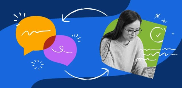Illustration of a woman working on a laptop with colorful chat bubbles and arrows, symbolizing communication and collaboration.