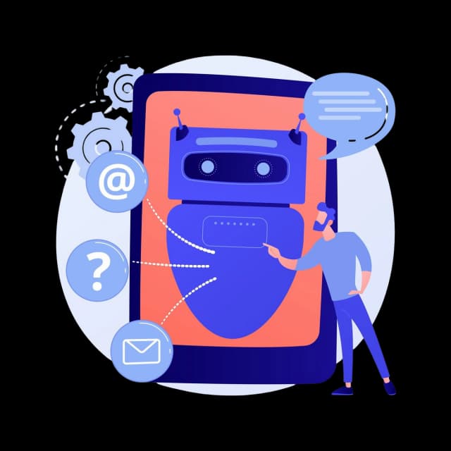 Illustration of a person interacting with a large chatbot interface, with icons for email, question mark, and at-symbol connected to the bot.