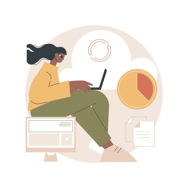 A person sitting with a laptop in front of cloud and pie chart icons, symbolizing cloud productivity and analytics.