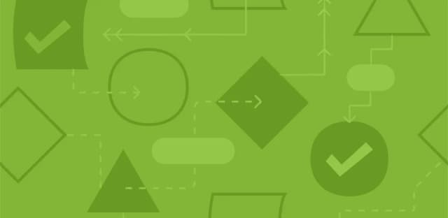 Green background with various flowchart shapes and arrows representing a workflow process.