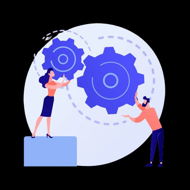 Illustration of two individuals collaboratively managing large gears, symbolizing teamwork, system integration, and operational efficiency.