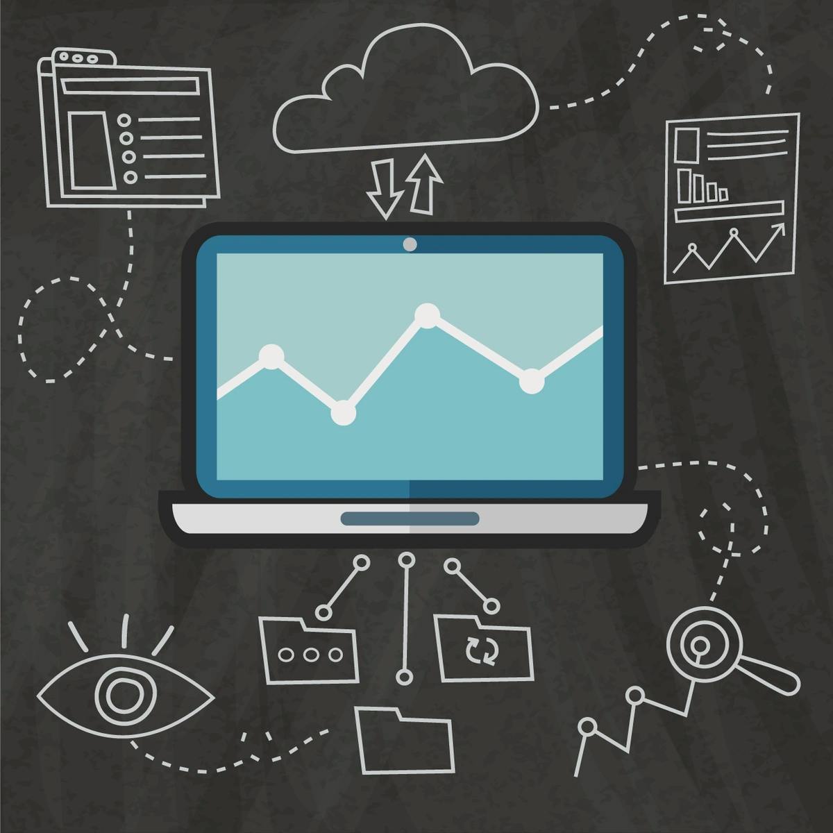 A chalkboard-style illustration featuring a laptop with a graph on the screen connected to various business and technology icons such as cloud storage, documents, and search symbols, representing data analytics or online business concepts.