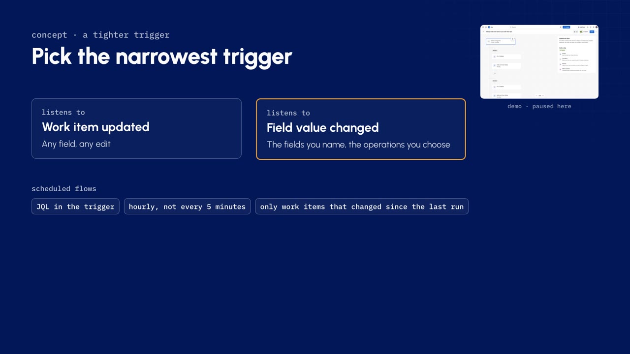 Pick the narrowest trigger: work item updated listens to any field, field value changed listens to the fields you name