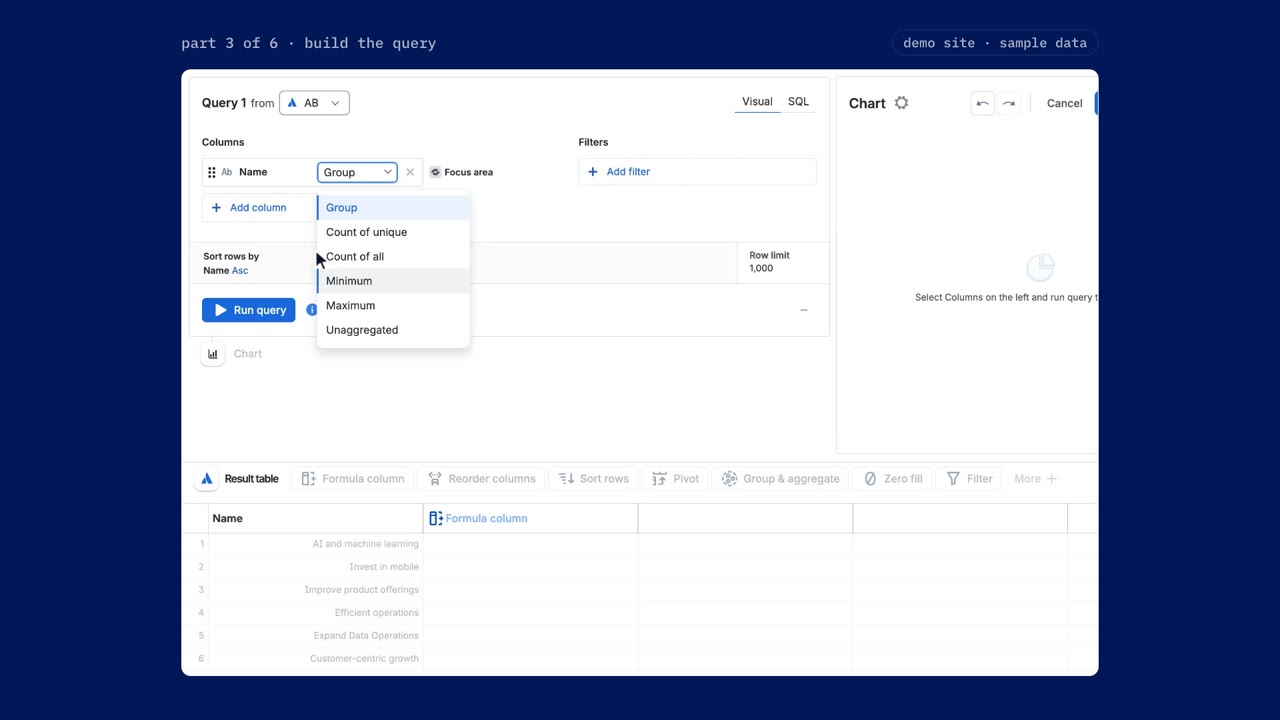 The chart editor in visual mode: the query on the left with the aggregation menu open, the chart preview on the right, the result table below