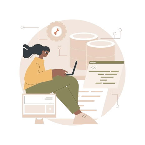 A developer managing system administration tasks with database and code interfaces, representing backend development and configuration.