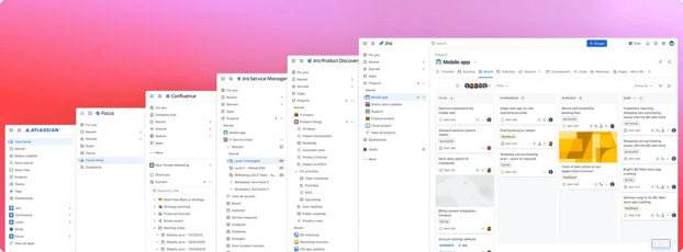 Line‑up of Atlassian product windows showing the unified navigation on a gradient backdrop