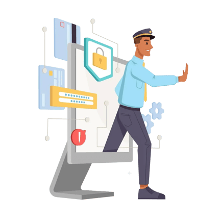 Security officer guarding a screen with a lock and data protection icons.