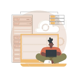 Person using a laptop with cloud data servers and synchronization icons in the background.