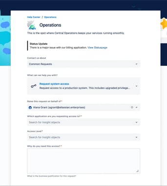 Service request form in Jira Service Management to request system access on behalf of a user, with a billing system status alert at the top.