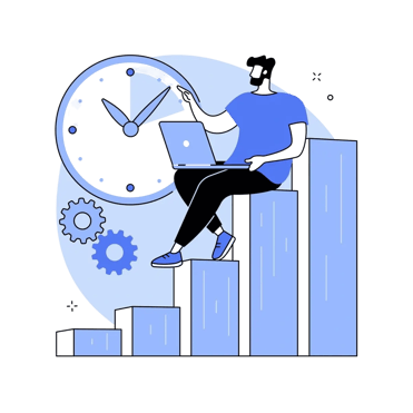 Person sitting on bar chart with clock and gears, illustrating time optimization and productivity growth.