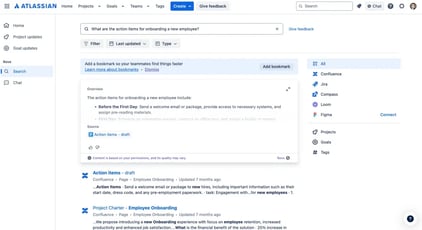 Rovo-powered search displaying onboarding action items from Confluence with filters for Jira, Compass, Loom, and Figma.