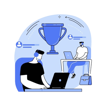 An illustration of developers and winner’s trophy displayed, representing the hackathon rewards and prizes