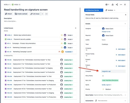Screenshot from a task management system showing linked issues, deployment details, and a pinned field section. The 'magnetic-api' component is highlighted, showing its association with a task for reading handwriting on a signature screen.