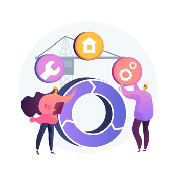 Two people assembling icons around a circular construction model, symbolizing collaborative project or systems management.