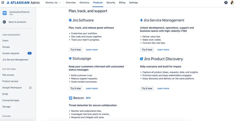 Atlassian Admin dashboard showing products like Jira Software, Jira Service Management, and Jira Product Discovery.