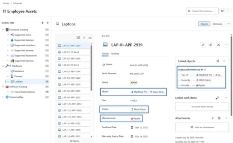 Jira Service Management Assets interface showing detailed laptop asset record with linked objects.