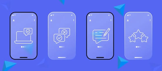 Four smartphone screens with different user interface designs for app functionalities such as secure login, task completion, feedback, and rating systems.