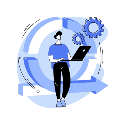 Individual managing agile workflows with rotating gears and process arrows.