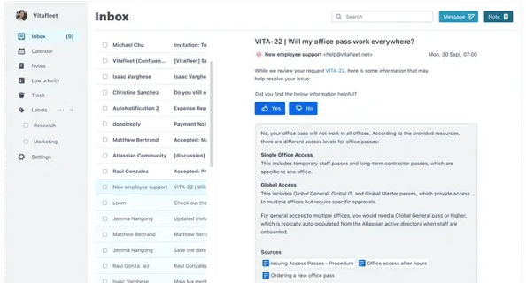 Inbox view showing an HR support email with helpful resources about office access passes.