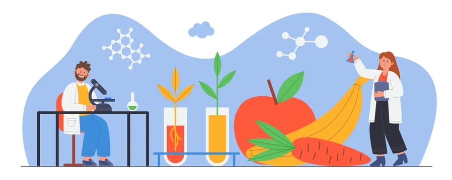 Illustrations of scientists in a lab setting with a microscope, test tubes with plants, and genetically modified fruits, signifying research in genetic modification.