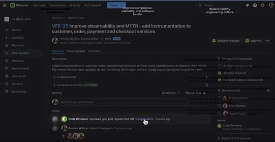 Bitbucket pull request view showing approval status, automated checks, and a code review agent suggesting improvements.