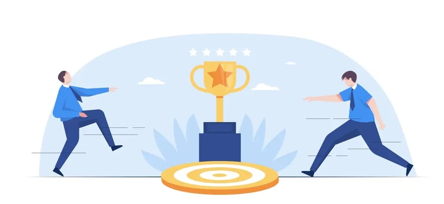 A cartoon image of two people racing towards a trophy on a pedestal with stars above it, illustrating competition or achievement.