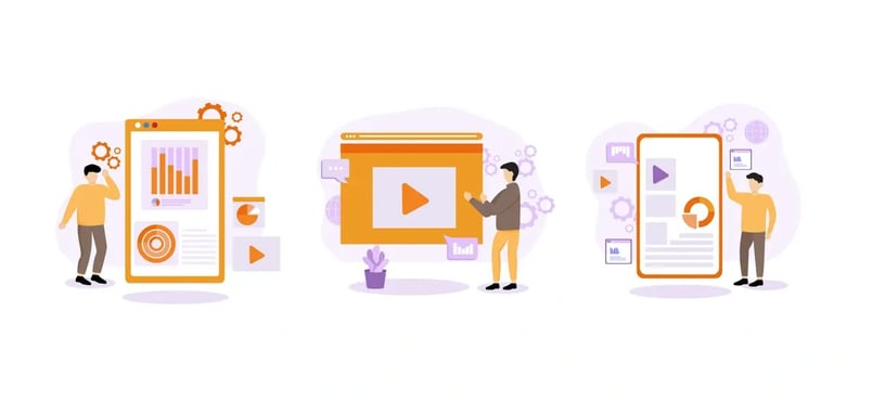 A graphic illustration showing three people interacting with large, stylized digital interfaces such as graphs, videos, and documents on mobile and desktop devices, representing digital analytics and multimedia engagement.