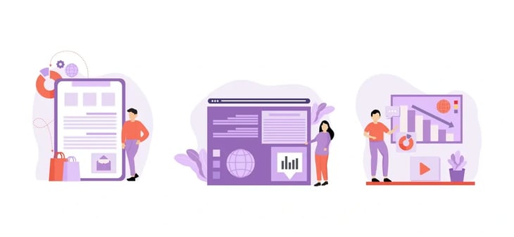 Characters interact with oversized digital content, symbolizing online engagement and analysis.