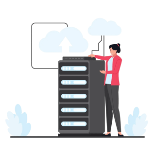 A person interacting with a server rack connected to cloud icons, symbolizing cloud hosting or data migration.