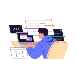 Illustration of a robot reviewing code on a screen, suggesting changes to a developer.