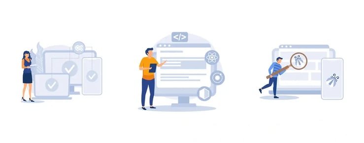A vector illustration showing three people engaged in software development and quality assurance. On the left, a woman is checking items on a list, symbolizing project management or testing. In the center, a man is presenting features on a large screen, likely a developer explaining code or features. On the right, another man is using a magnifying glass on a bug icon, representing debugging or error checking.