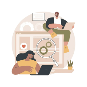 Developers collaborating with laptops, gears, and a magnifying glass symbolizing software development and problem-solving.