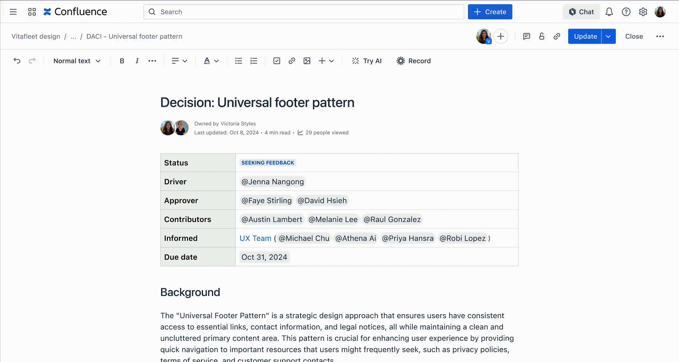 Confluence collaboration on a DACI decision page.