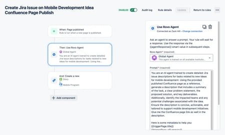 Atlassian automation workflow using Rovo AI to create Jira issues from published Confluence pages.