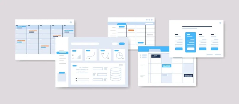 A graphic collection of user interface designs for web and mobile applications, showcasing various elements like graphs, menus, and data structures, indicative of the user experience design process.
