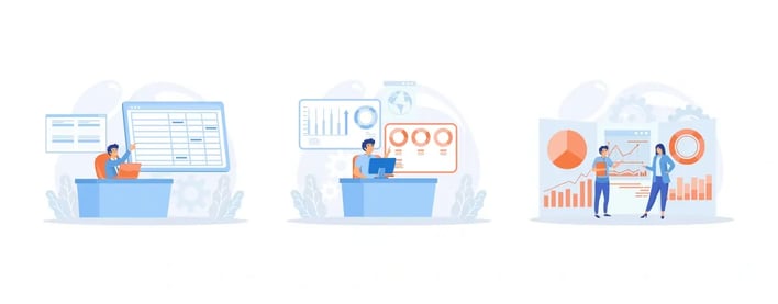 A sequence of workstations with professionals analyzing data, illustrating workflow in a corporate environment
