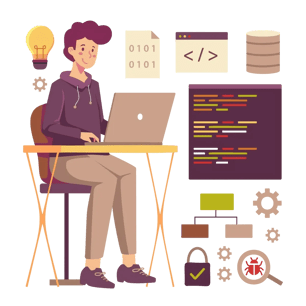 Software developer collaborating with an AI assistant reviewing code on a laptop screen.