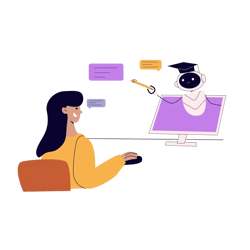 Woman interacting with a virtual AI assistant wearing a graduation cap, symbolizing intelligent tutoring or guided automation.