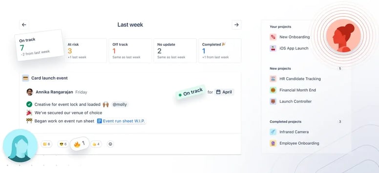 A project status dashboard showing updates like "On track," "At risk," and "Completed," with tasks and team assignments.